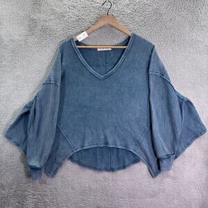 Free People We The Free Coraline Thermal Top Shirt Women's Small Blue Boho Cozy